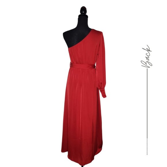COPY - WOMEN'S SATIN ELEGANT OCCASION CHERRY RED MAXI DRESS ASYMMETRICAL - Picture 5 of 11